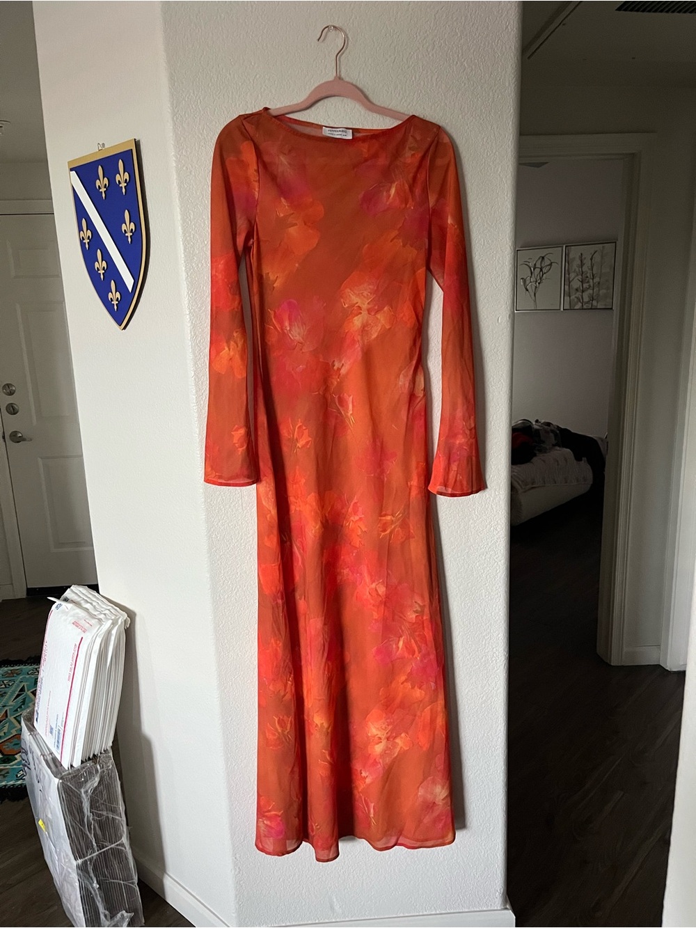 PepperMayo chiffon mesh Long Sleeve Orange Floral Midi Dress